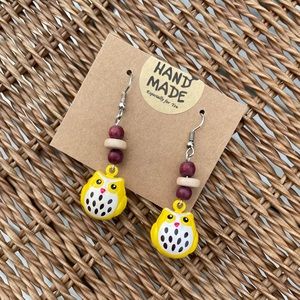 Beaded owl earrings dangles Jingle bells and wood beads